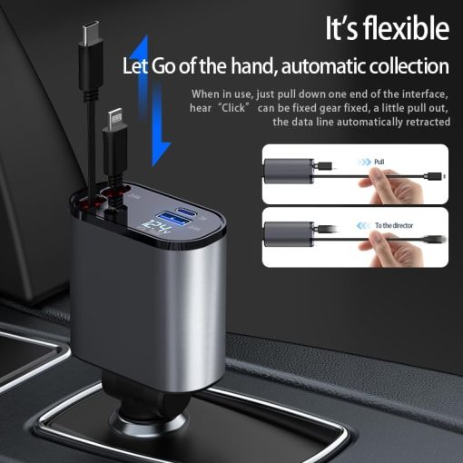 Autoladegerät, USB C, USB A, Schnellladen, max. 86 W, 2 Kabel, einziehbar - Image 5
