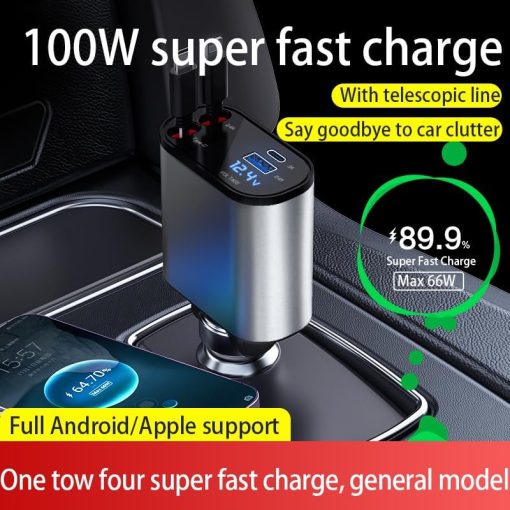 Autoladegerät, USB C, USB A, Schnellladen, max. 86 W, 2 Kabel, einziehbar