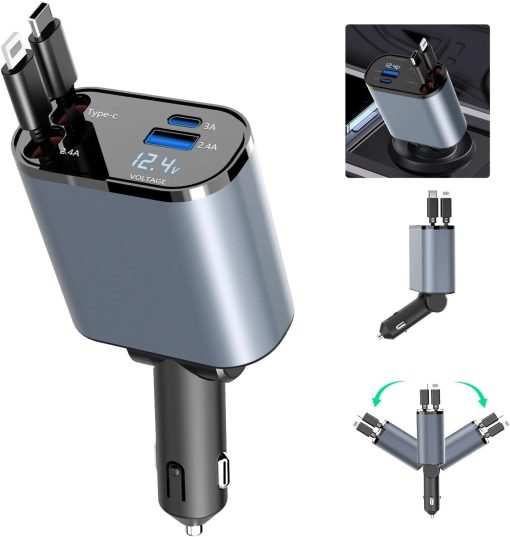 Autoladegerät, USB C, USB A, Schnellladen, max. 86 W, 2 Kabel, einziehbar - Image 8